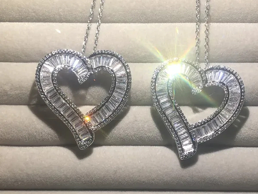 Luxury Silver White Topaz Heart Pendant Chain Necklace Women Sparkling Princess-