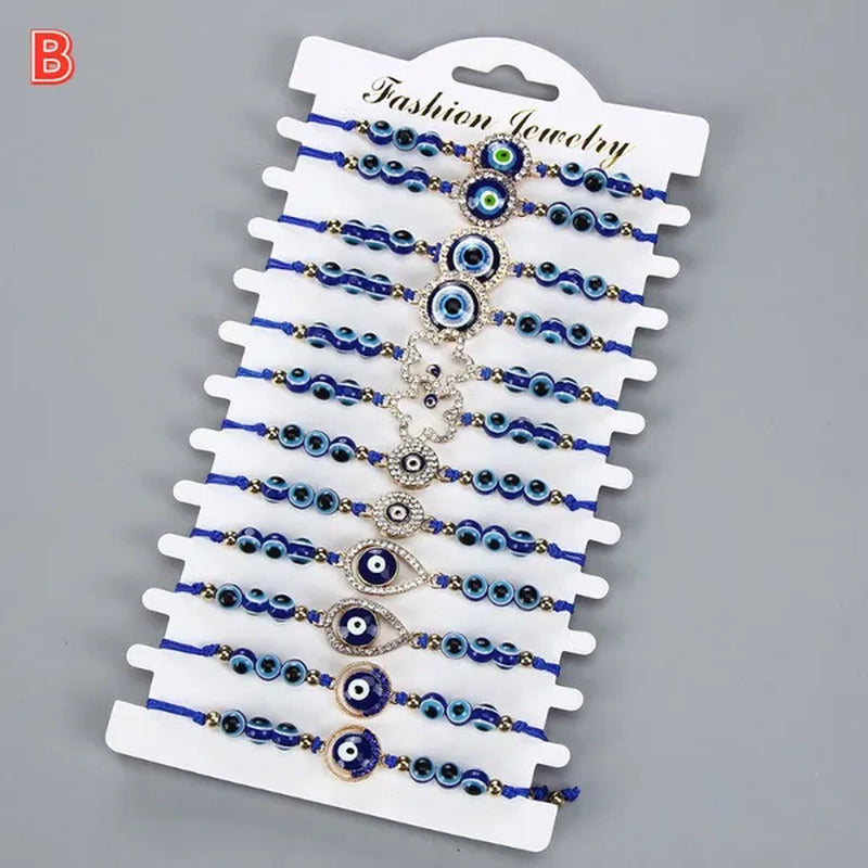 12 Pcs/Set Bohemian Handmade Braided Rope Charm Bracelets Rhinestone Blue round