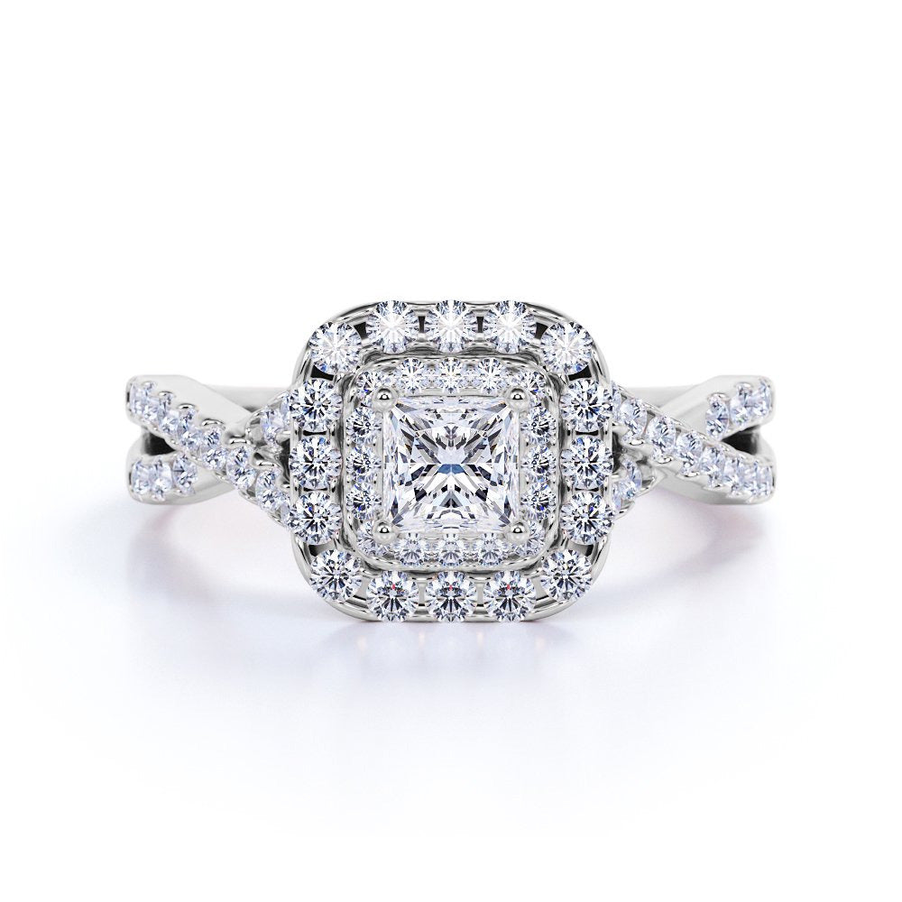 Elegant 1 Carat - Square Cut Diamond - Twisted Band - Pave - Double Halo Engagem