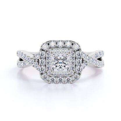 Elegant 1 Carat - Square Cut Diamond - Twisted Band - Pave - Double Halo Engagem
