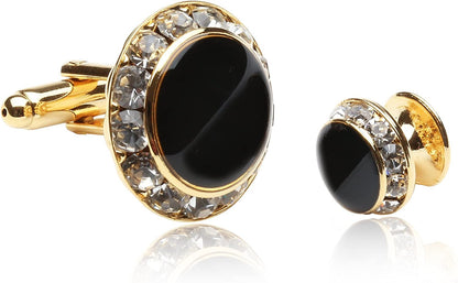 Black and CZ Gold Tuxedo Formal Set - Crystal Cufflinks and Studs with Protectiv
