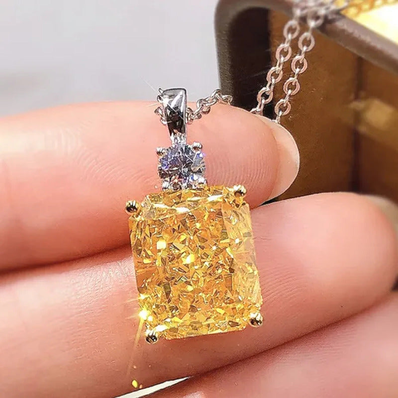 Trendy Silver Plated Square Cut Citrine Gemstone Pendant Necklace for Women Dail