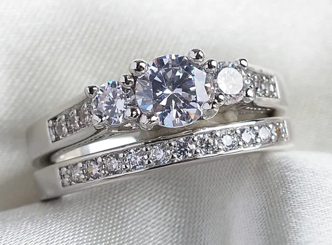 Sz6-9 10Kt Wedding&Engagement Ring Bridal Set White Gold Filled Three Stone CZ L