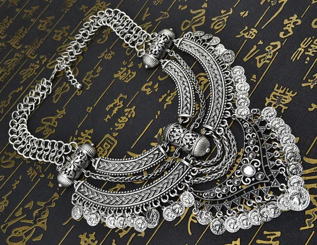 Vintage Silver Gold Chains Fine Jewelry Coins Tassel Choker Necklace Women Big F