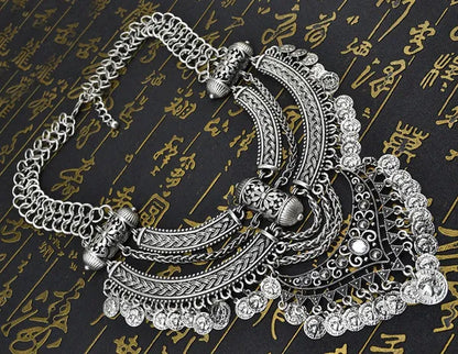 Vintage Silver Gold Chains Fine Jewelry Coins Tassel Choker Necklace Women Big F