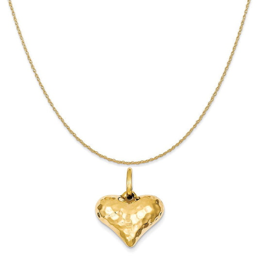 14K Yellow Gold Polished and Hammered 3-D Heart Pendant Charm (18Mm X 16Mm) with