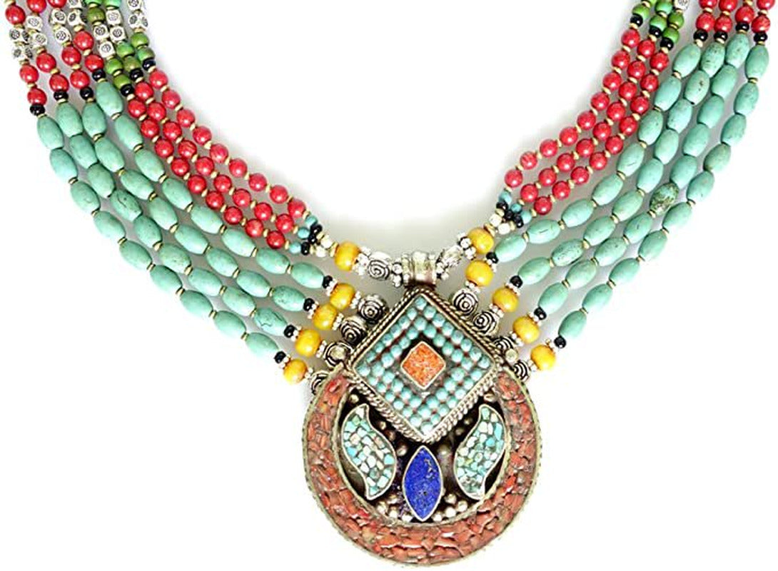 Tibetan Multi Strand Handmade Necklace Turquoise Coral Amber Lapis Lazuli Gemsto