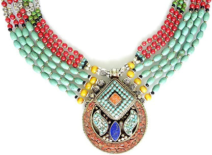 Tibetan Multi Strand Handmade Necklace Turquoise Coral Amber Lapis Lazuli Gemsto