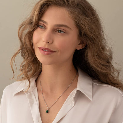 Created Emerald with Genuine Diamond Pendant for Women 14K White Gold, Elegant T