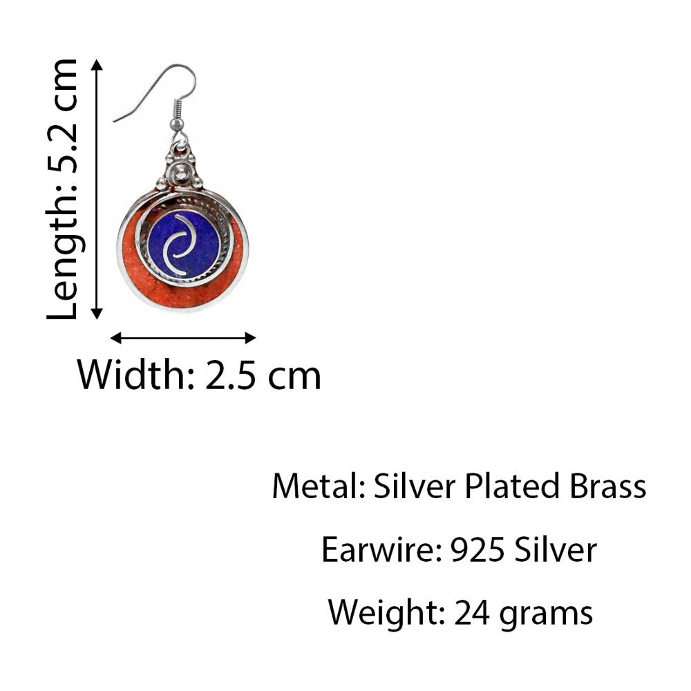 Silver Plated Handmade Dangle Earrings for Women, Coral Lapis Lazuli Gemstone Ea