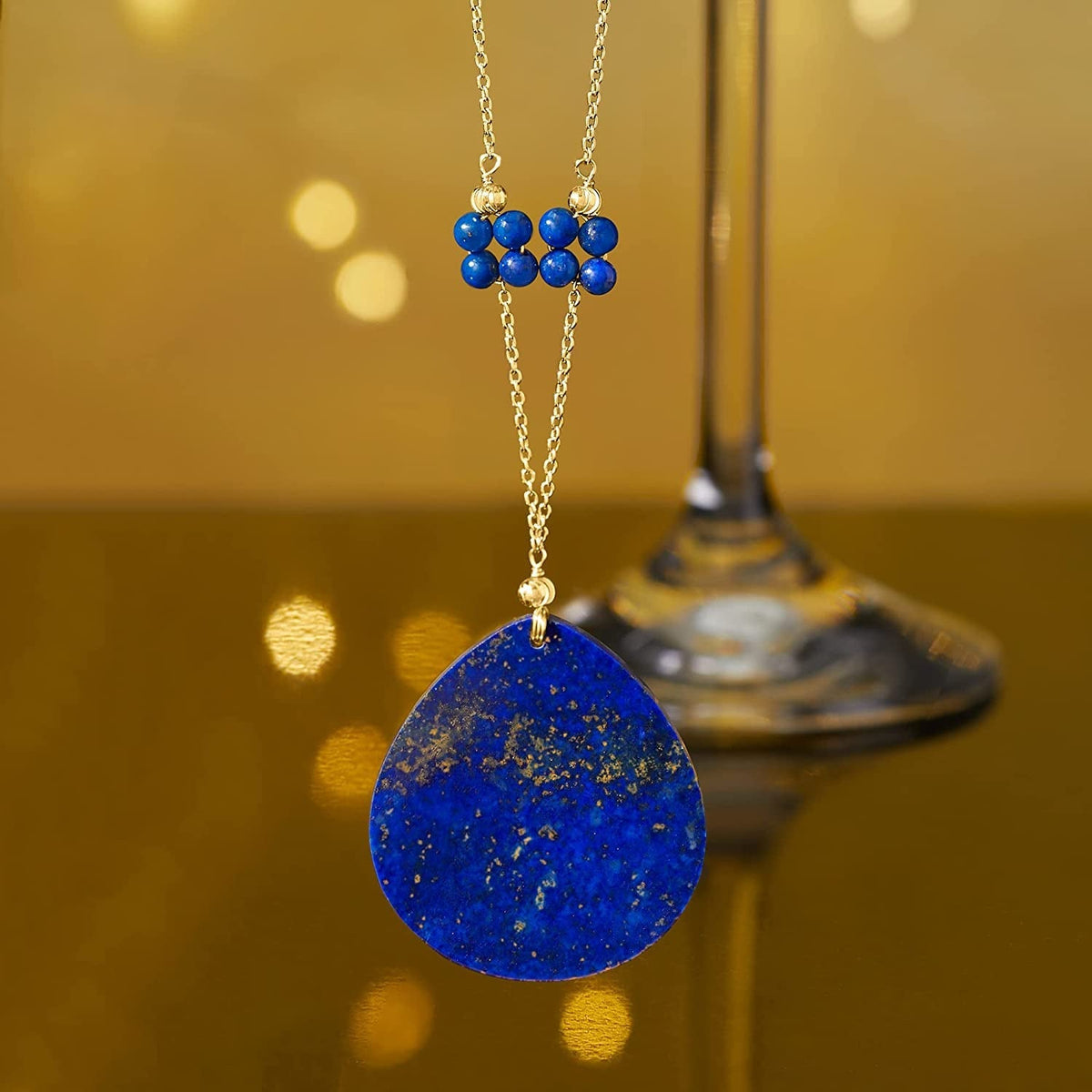 Lapis Teardrop and Station Pendant Necklace in 18Kt Gold over Sterling