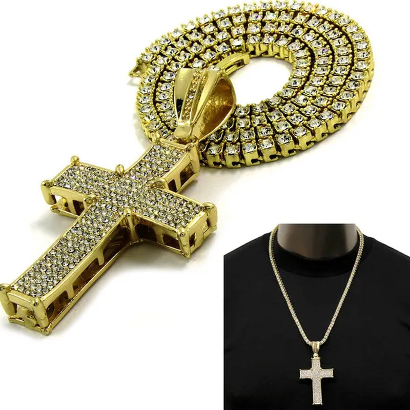 Mens 14K Gold Plated Hip-Hop Center Claw Cross Pendant W/ 24" 1 Row Lab Diamond