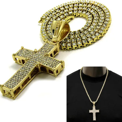 Mens 14K Gold Plated Hip-Hop Center Claw Cross Pendant W/ 24" 1 Row Lab Diamond