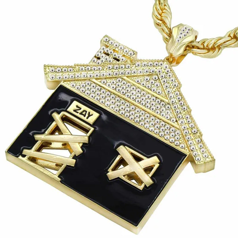 Hip Hop Luxury Diamond Jewelry Mens 14K Gold Plated Huge Trap House Pendant / 10