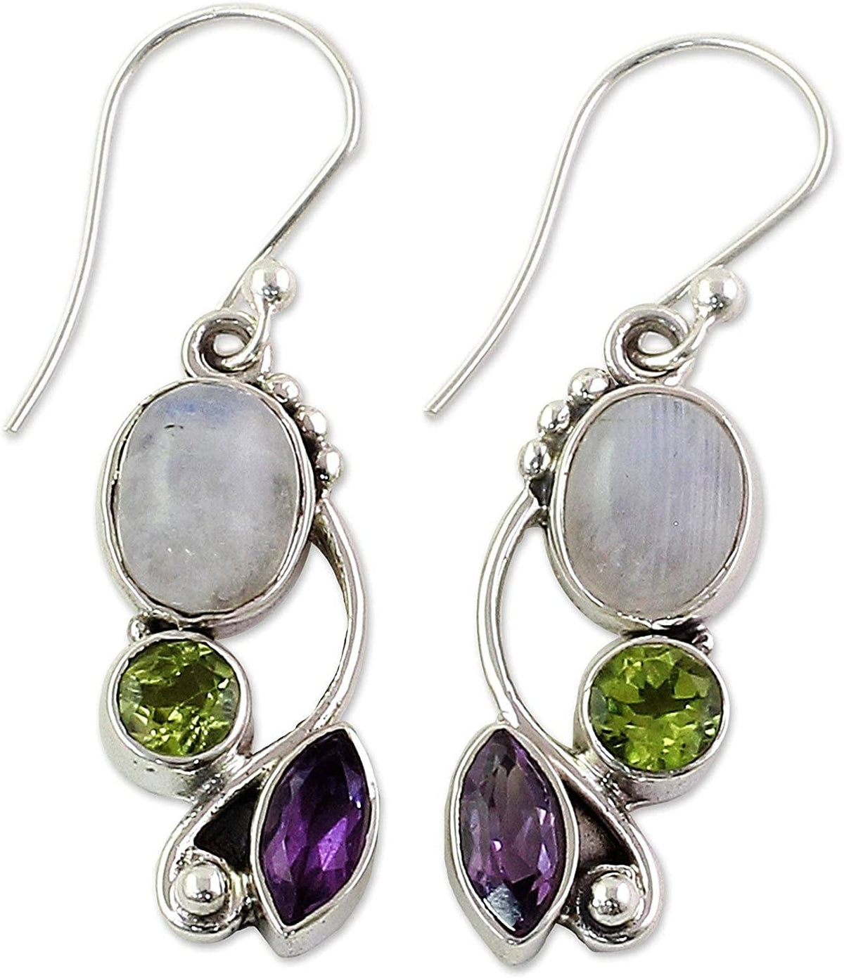 Peridot Amethyst Rainbow Moonstone .925 Sterling Silver Dangle Earrings, Natural