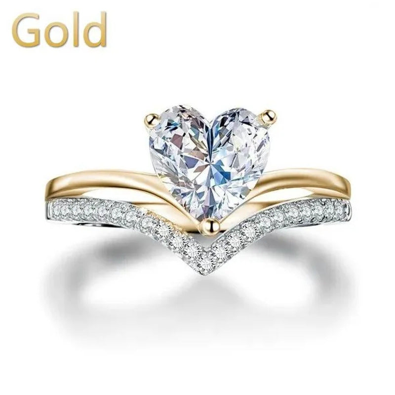 V-Shape Solitaire Ring Heart Shape Diamonds Sweet Finger Ring Two Layer Women'S