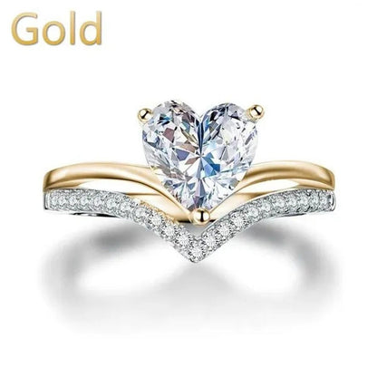 V-Shape Solitaire Ring Heart Shape Diamonds Sweet Finger Ring Two Layer Women'S