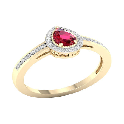 Imperial Gemstone 10K Yellow Gold Pear Ruby 1/8 CT TW Diamond Halo Women'S Ring