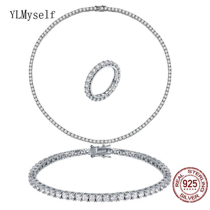Solid 925 Sterling Silver Tennis Necklace(41-55Cm, 16-22 Inch) Bracelet(15-21Cm)