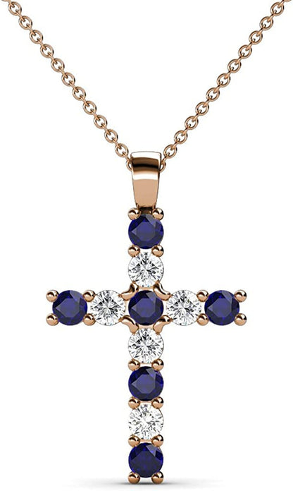Petite Blue Sapphire & Natural Diamond (SI2-I1,G-H) Cross Pendant 0.34 Ctw 14K G