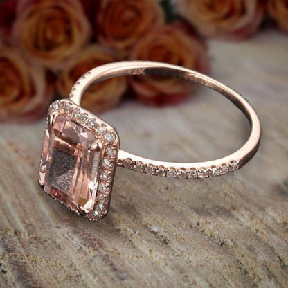 Limited Time Sale: 1.50 Carat Peach Pink Emerald Cut Morganite Diamond Engagemen