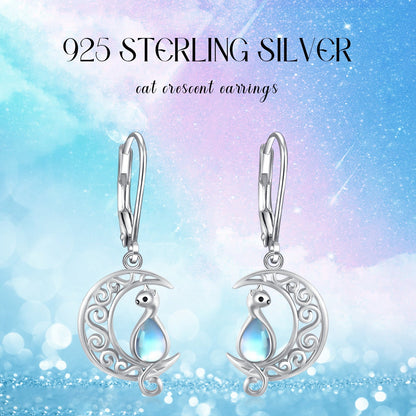 Moon Cat Earrings for Women Hypoallergenic 925 Sterling Silver Crescent Cat Drop