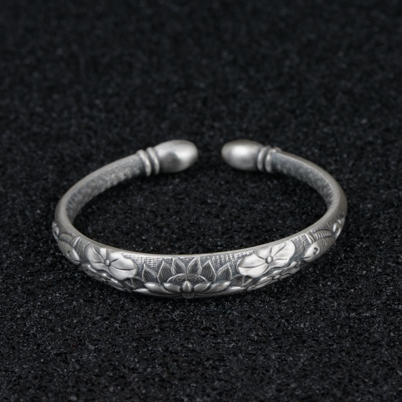 Tibetan Six Words Mantra Vintage Silver Bangles for Women Openable Fish Lotus Bu