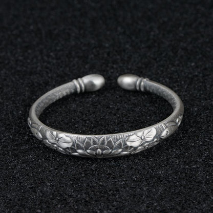 Tibetan Six Words Mantra Vintage Silver Bangles for Women Openable Fish Lotus Bu