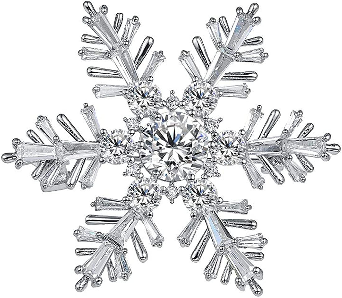 White Gold Plated Cubic Zirconia CZ Winter Art Deco Snowflake Flower Clear Brooc