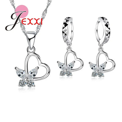 925 Sterling Silver Jewelry Set CZ Diamond Love Heart with Pretty Butterfly Pend