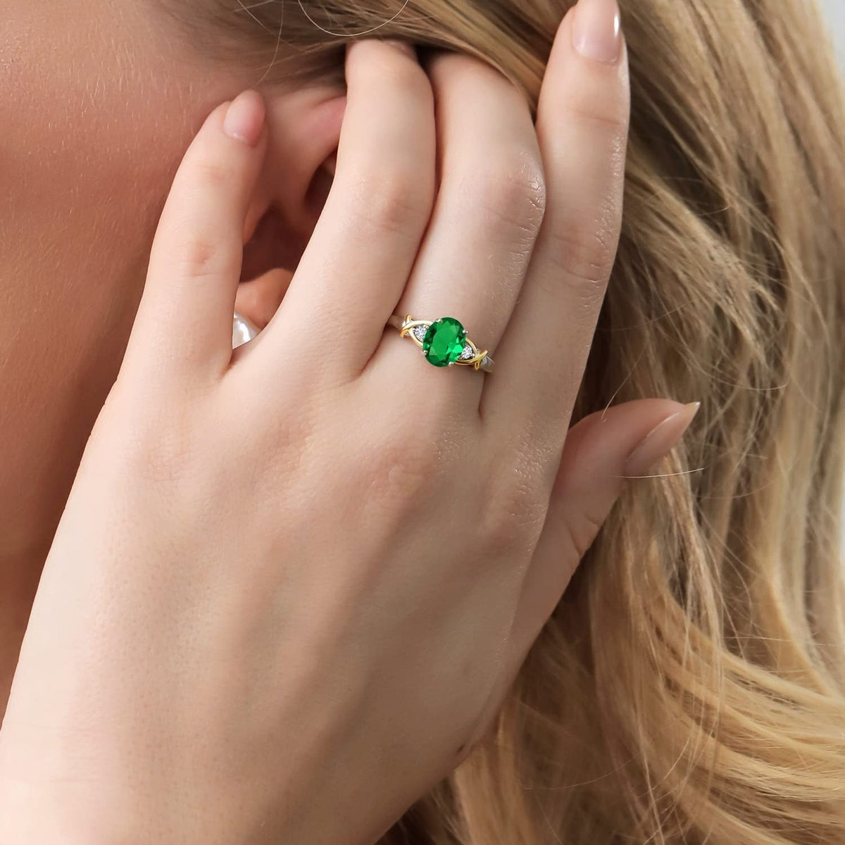 2 Tone 10K Yellow Gold and 925 Sterling Silver Green Nano Emerald and Lab Grown