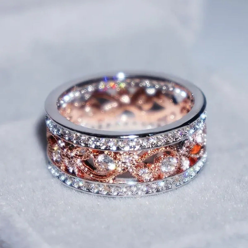 Rose Gold Plated Shiny CZ Flowers Wedding Band White Gold Plated Cubic Zirconia