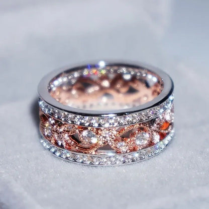 Rose Gold Plated Shiny CZ Flowers Wedding Band White Gold Plated Cubic Zirconia