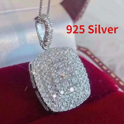 Delicate 925 Sterling Silver Pave Setting Diamond Square Pendant Necklace for Wo