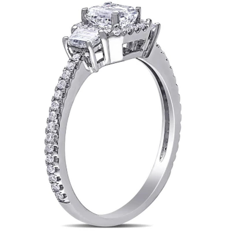 Allura 0.95 CT. T.W. Emerald-Cut Diamond Three Stone Halo Engagement Ring in 14K