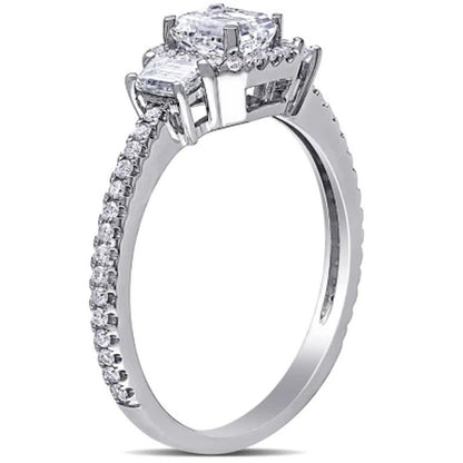 Allura 0.95 CT. T.W. Emerald-Cut Diamond Three Stone Halo Engagement Ring in 14K