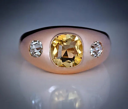 Vintage Women'S Fashion Rose Gold Natural Citrine Diamond & White Sapphire Ring