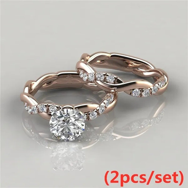 Women'S Dainty Twist round Cut White Sapphire Ring Set Bridal Engagement Diamond