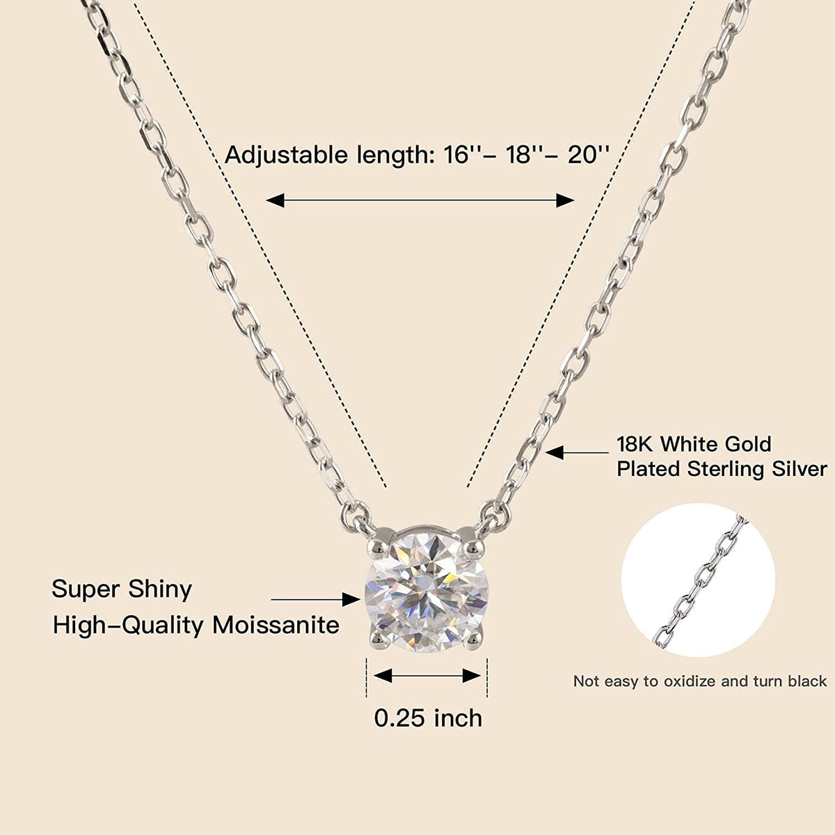 Moissanite Diamond Necklace, Diamond Pendant Necklace for Women, 18K White Gold