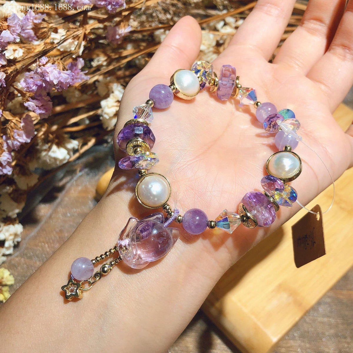 Amethyst Fox Pendant Baroque Pearl Bracelet