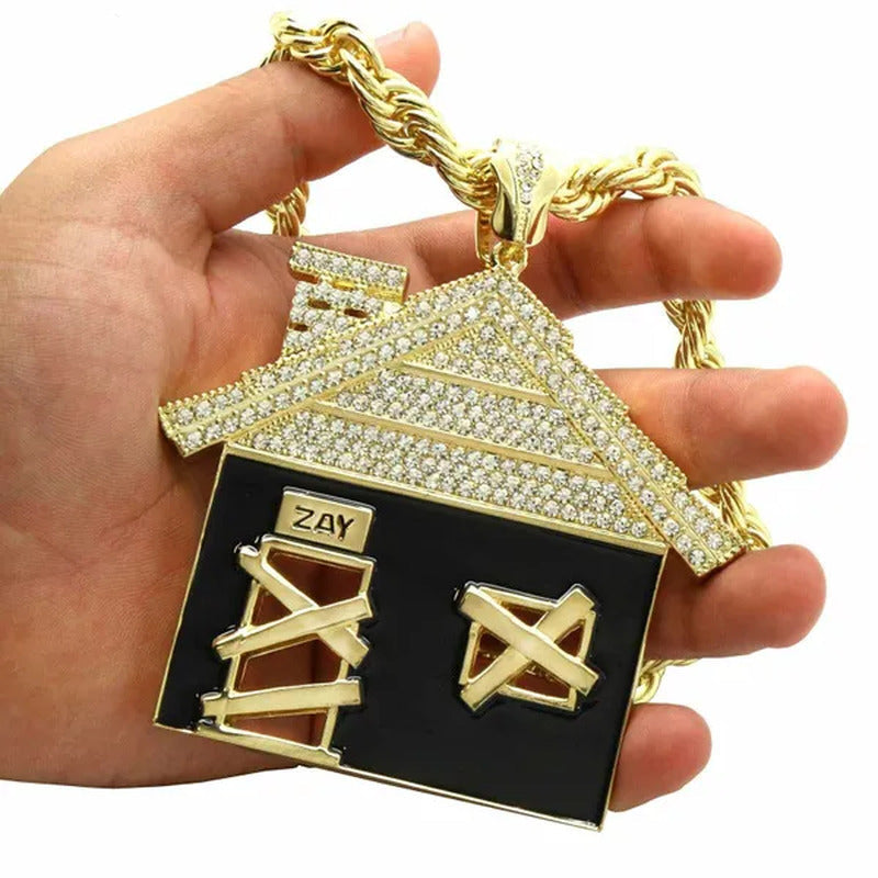 Hip Hop Luxury Diamond Jewelry Mens 14K Gold Plated Huge Trap House Pendant / 10