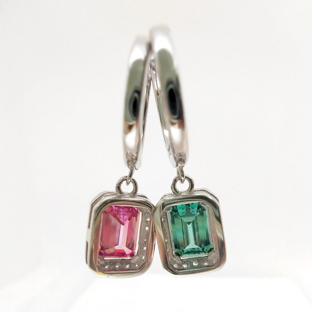 1CT 2CT 6X8MM Pink Green Emerald Cut Moissanite Earrings Pass Diamond Test 100%