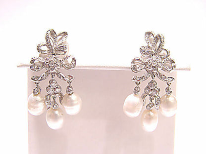 ROUND BRILLIANT SH DIAMONDS SET WITH 6 TOTAL FRESH WATER PEARL DANGLE EARRING