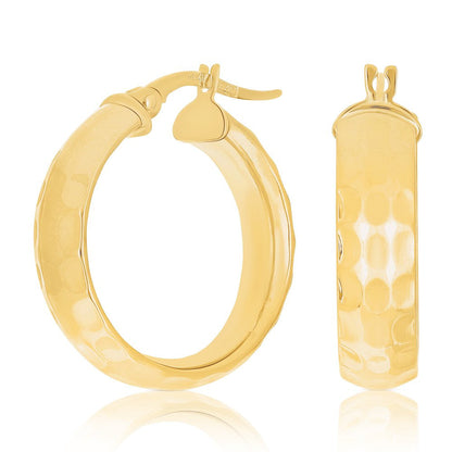 Italian 14K Yellow Gold Polished Hammered Rounded Flat Medium Hoop Earrings