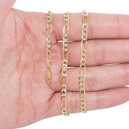 14K Yellow Gold 4.5Mm Figaro Chain Link Diamond Cut Pave Two Tone Bracelet, Mens