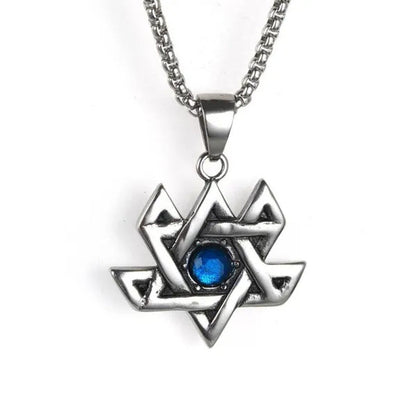 Stainless Steel Retro Six-Pointed Star Blue Ruby Pendant Titanium Steel Men'S