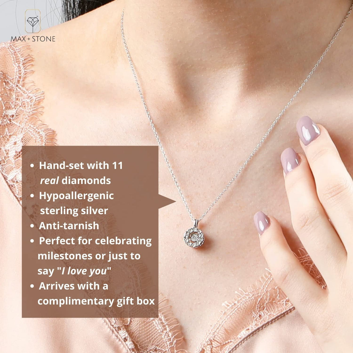 Dancing Diamond Necklaces for Women | Sterling Silver Diamond Necklace with 18 I