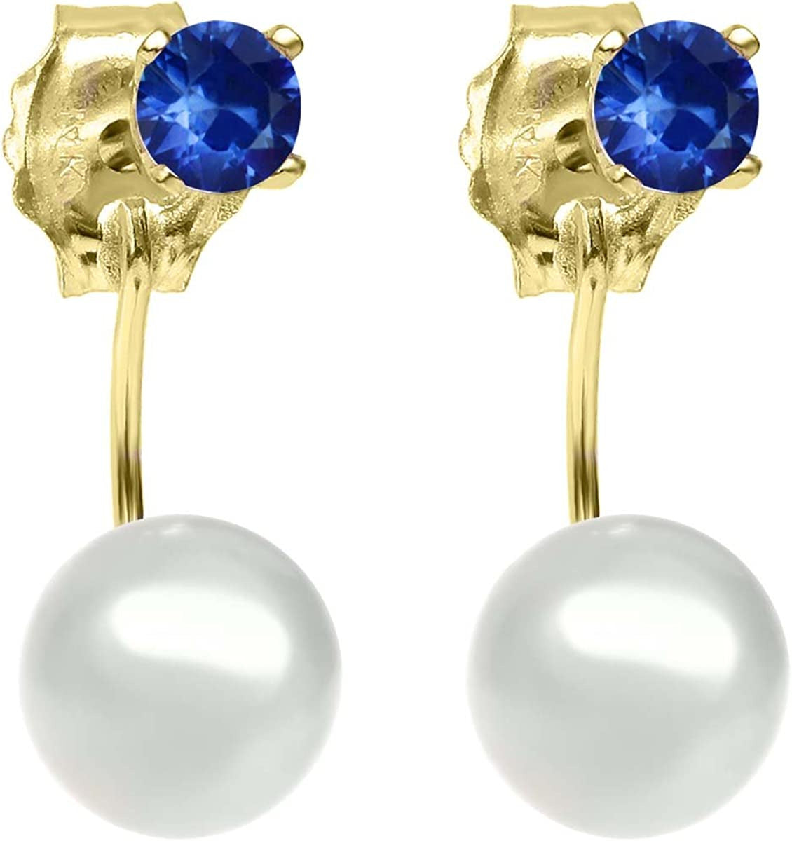 0.26 Ct round 3Mm Blue Sapphire 14K Yellow Gold Stud Earrings with Cultured Fres