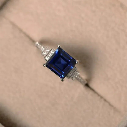 Simple 925 Sterling Silver Ring Princess Sqaure Cut Blue Sapphire Diamond Weddin