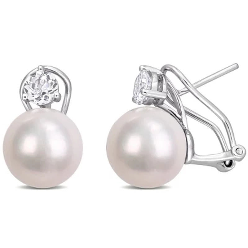 11-12 Mm White round Cultured Freshwater Pearl and White Topaz Clipback Earrings